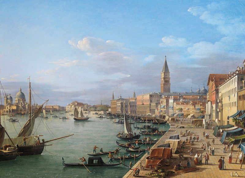 Riva degli Schiavoni, Venice by Roberto Roberti, oil on canvas depicting a tranquil landscape