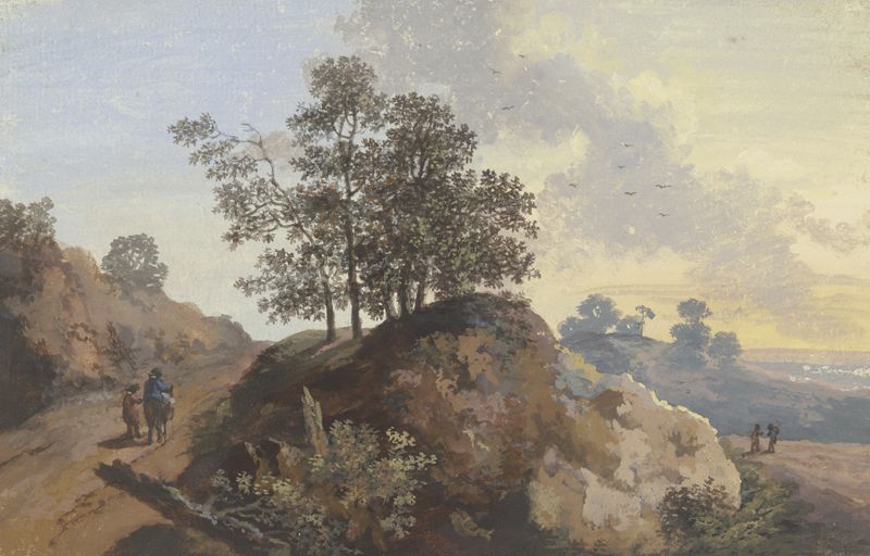 Oil on canvas by Johann Alexander Thiele depicting figures and a horseman in a forest.
