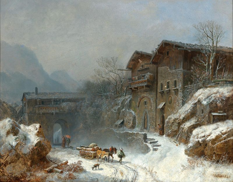 Winter in Rattenberg de Heinrich Bürkel, pintura al óleo de un paisaje de pueblo nevado.