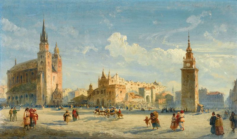 Architecture of Cloth Hall in Cracow, oil painting by Carlo Bossoli