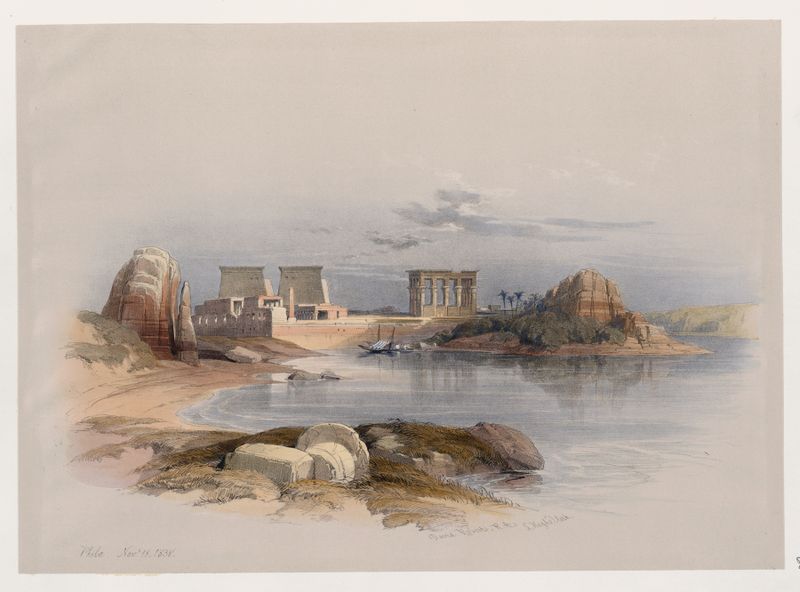 Philæ de David Roberts, representando un templo con jeroglíficos en un medio desconocido.