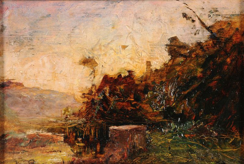Pintura de paisaje al óleo de François-Auguste Ravier con agua brillante y vegetación exuberante.
