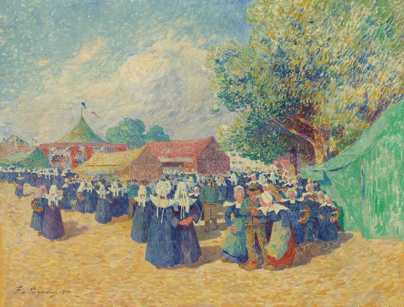 Genre scene oil painting by Ferdinand du Puigaudeau depicting a fair in Brittany