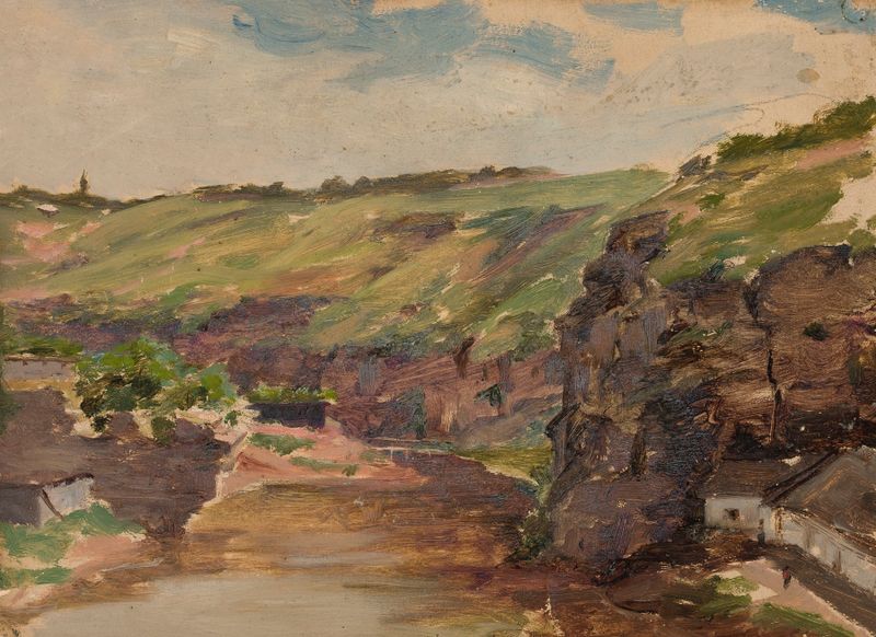 Obra figurativa de Jan Ciągliński, pintura a óleo com uma figura luminosa em uma paisagem vibrante.