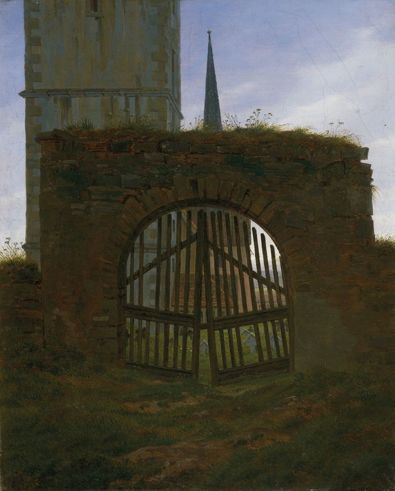 O Portão do Cemitério de Caspar David Friedrich, pintura a óleo que retrata um portão ao anoitecer.