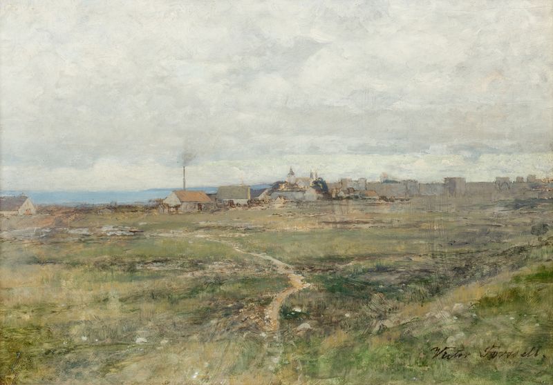 Landscape of ancient stone walls under a soft sky by Victor Forssell, oil painting
