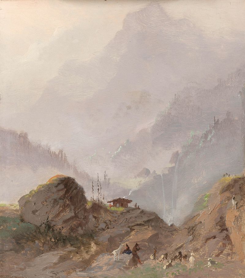 Mountain landscape with chamois by Johannes Tavenraat, oil painting
