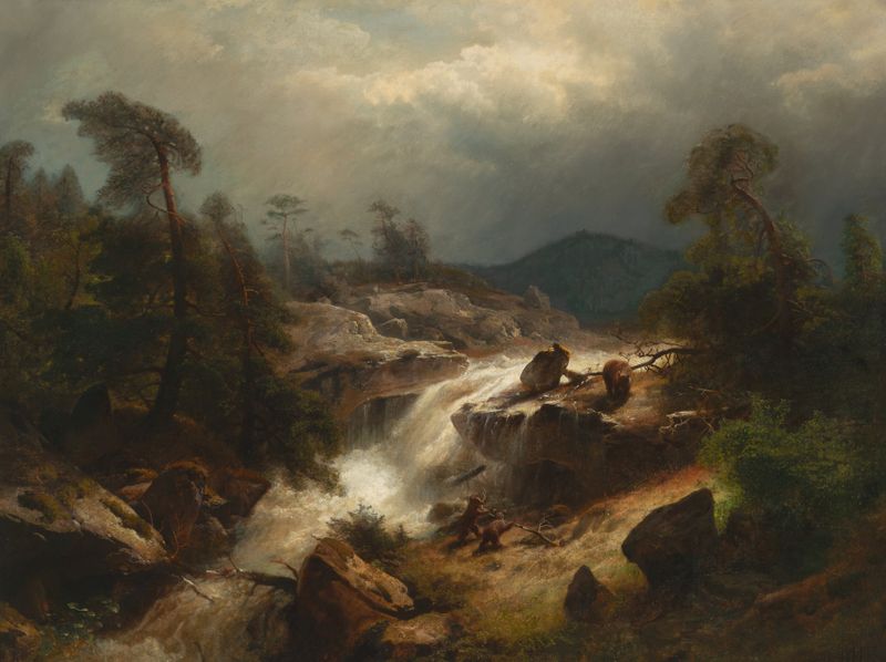 Two cubs and their mother by a waterfall, oil on canvas by Hermann Herzog