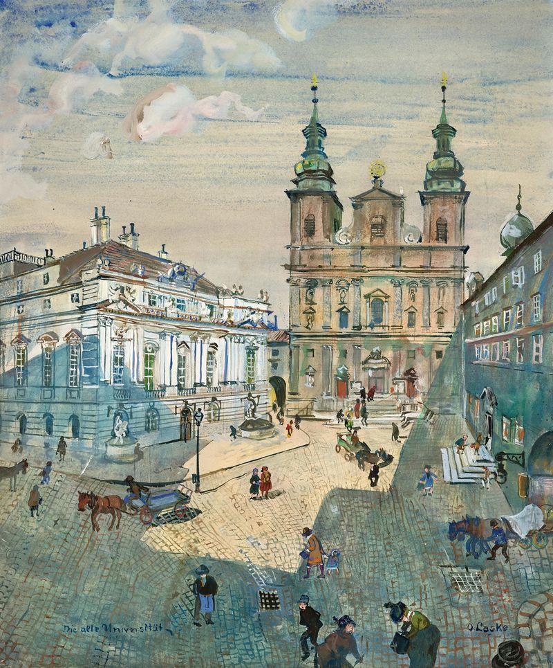 Die alte Universität, Wien de Oskar Laske, óleo sobre lienzo que muestra una fachada universitaria histórica