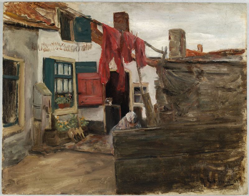 Dutch Village Scene with Hanging Laundry, óleo sobre panel de Max Liebermann