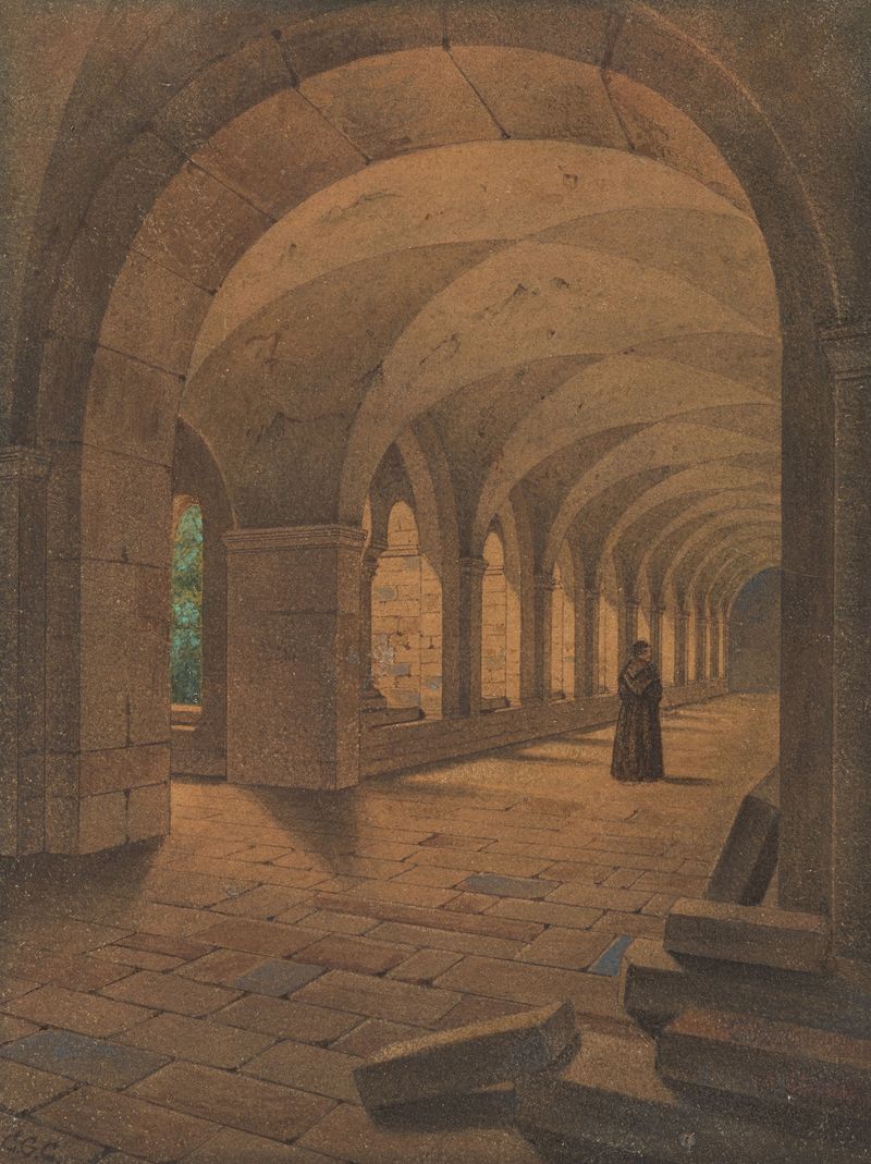 Roman Cloister by Carl Gustav Carus, oil painting depicting arches and light.