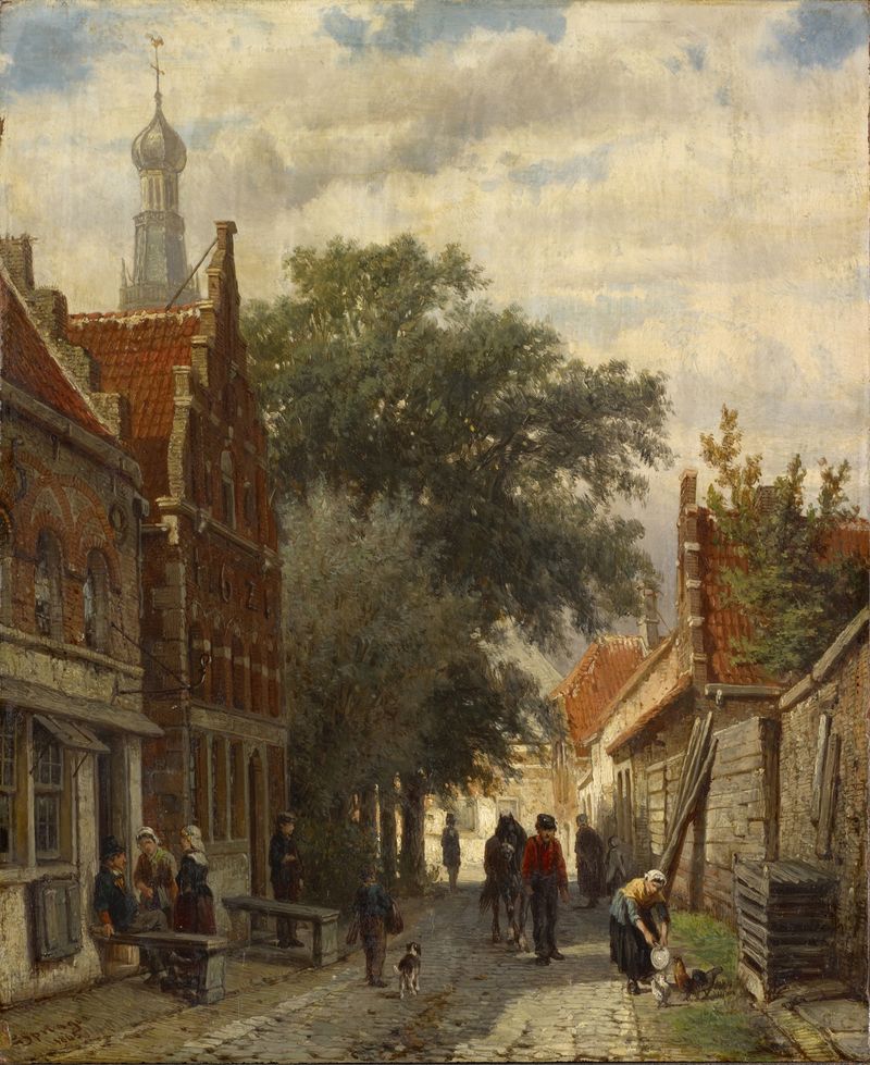 Street in Enkhuizen by Cornelis Springer, realism, depicting a village street with vibrant buildings.
