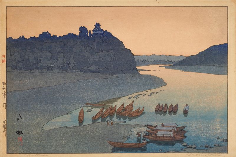 Kisogawa xilografía de Yoshida Hiroshi que representa un paisaje de río tranquilo