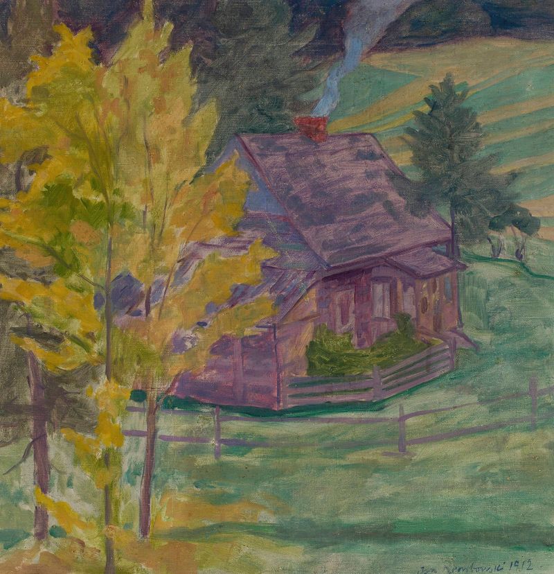 Landscape with a house among trees by Jan Rembowski, oil painting depicting a serene nature scene.