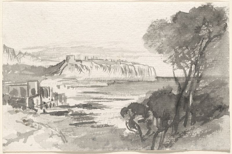 Vista paisagística sobre uma baía em Mônaco, pintura a óleo de Edward Lear