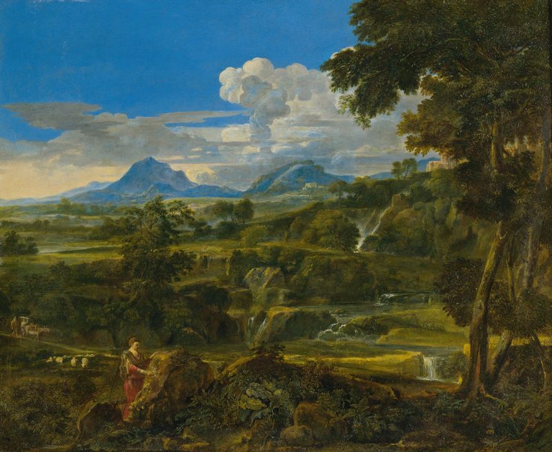 Landscape with Shepherds by Jean-François Millet, oil painting depicting a pastoral scene