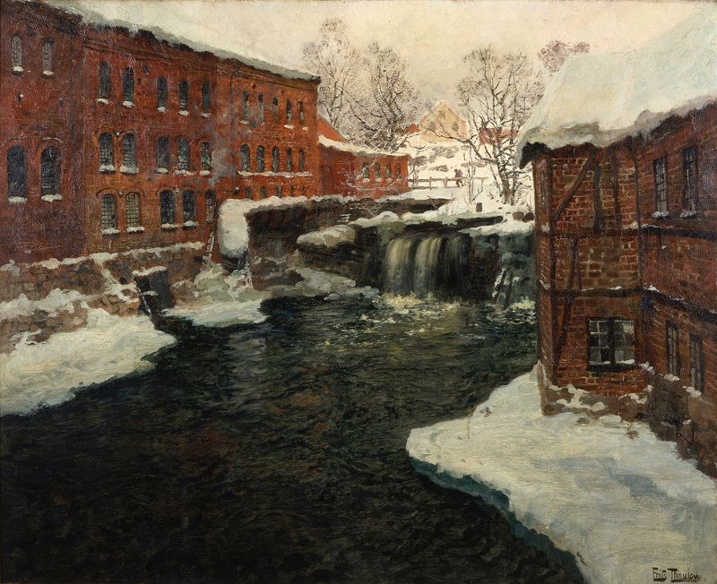Mill Scene by Frits Thaulow, oil on canvas depicting a river and a mill among greenery.