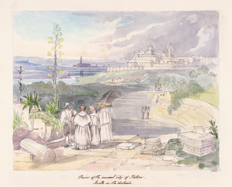Ruínas da Cidade Antiga de Itálica, Sevilha ao longe por Charles Hamilton Smith, pintura a óleo