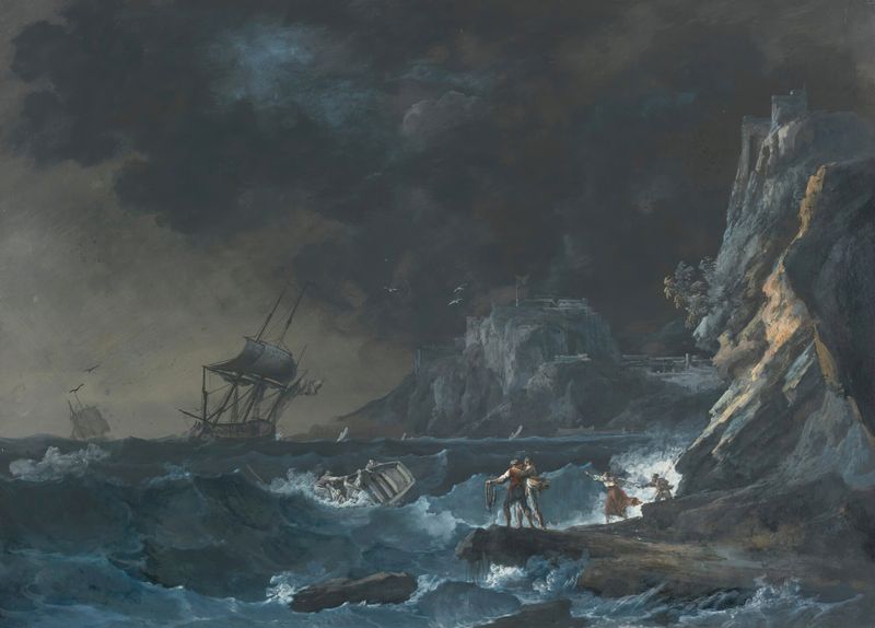 Ships on a stormy sea with figures on the shore, oil painting by Alexandre-Jean Noël