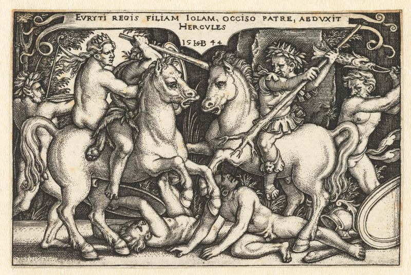 Grabado de Hans Sebald Beham que representa a Hércules y Jole en un momento de deseo.