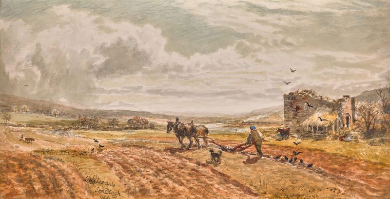 Liddlesdale de Samuel Bough, óleo retratando um rio tranquilo e colinas.