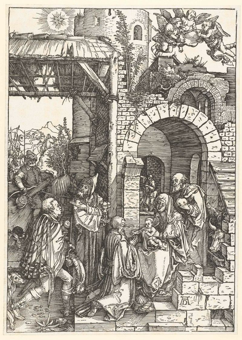 Magi presentando regalos al niño Cristo, xilografía de Albrecht Dürer