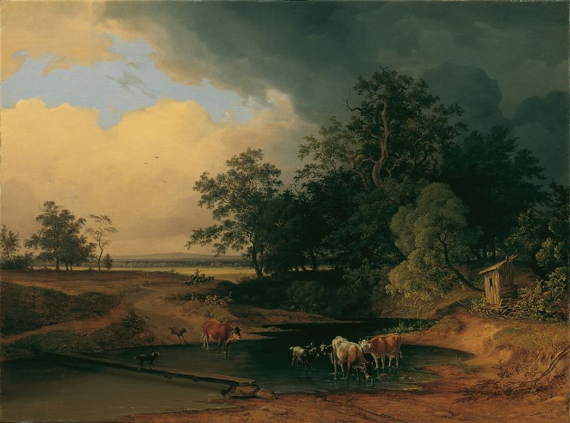 Romantic landscape by Josef Feid, oil painting depicting evening light over gentle slopes.