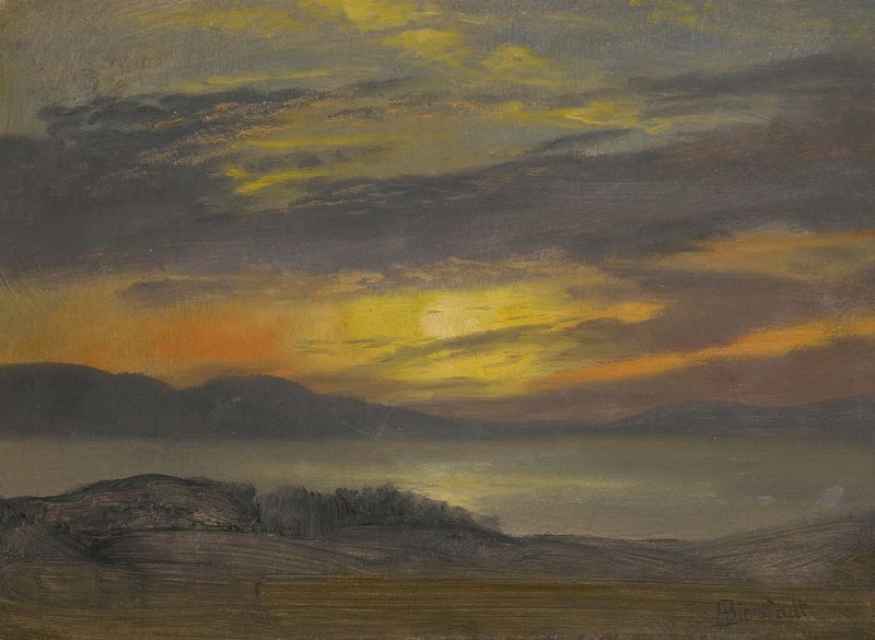 Pintura a óleo Sunset de Albert Bierstadt com cores vibrantes e montanhas distantes