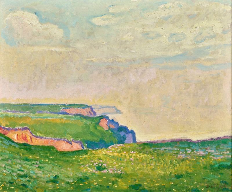 Pintura marinha a óleo de Henri De Saint-Delis com azuis e verdes, representando o mar e o céu.