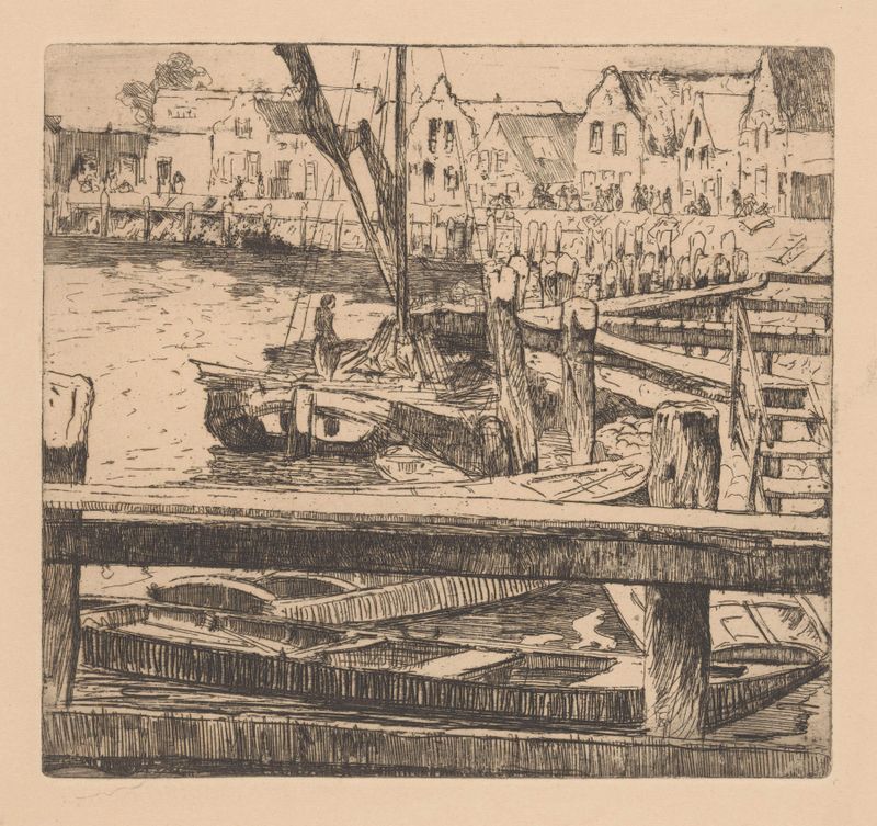 Haven van Volendam by Willem Adrianus Grondhout, oil on canvas showing a lively marine village with boats.