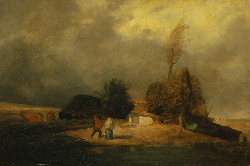 Paisaje con Tormenta de Constant Troyon, óleo sobre lienzo que muestra nubes oscuras y luz sobre un paisaje.