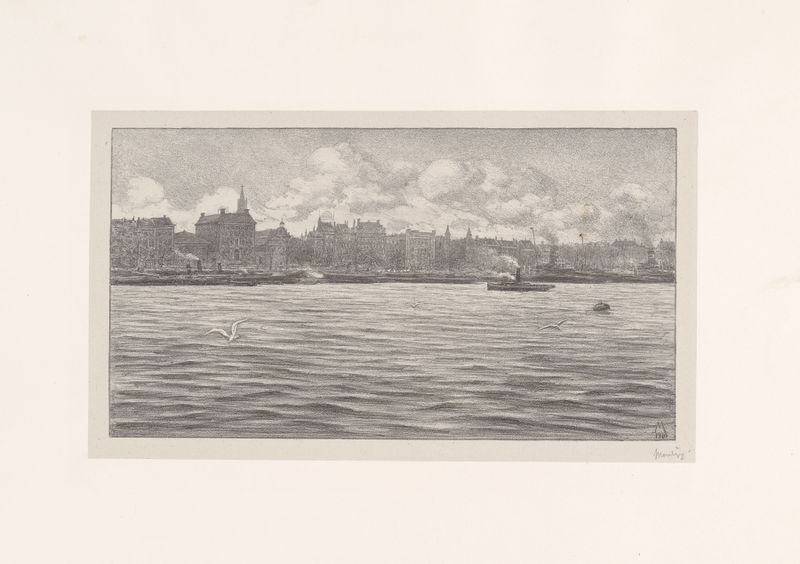 pintura a óleo de Simon Moulijn mostrando o horizonte de Rotterdam refletido na água