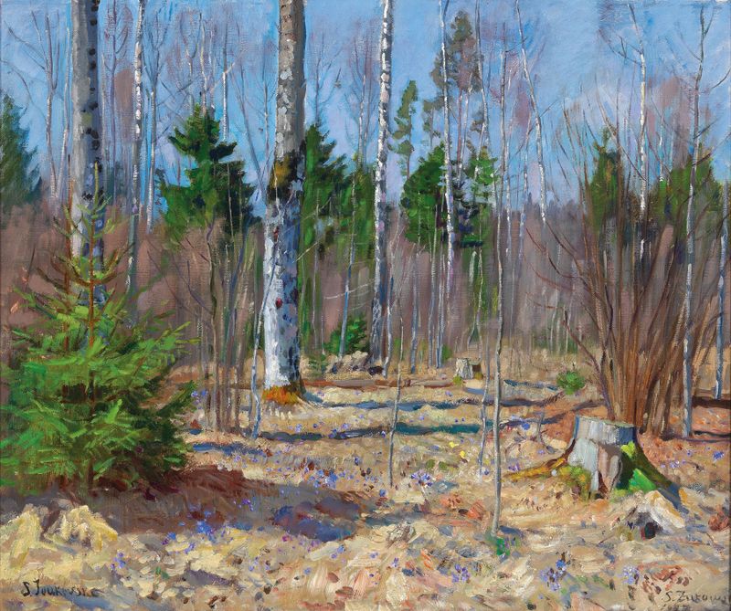 Landscape depicting spring with sunlight filtering through trees by Stanislaw Zukowski, oil painting