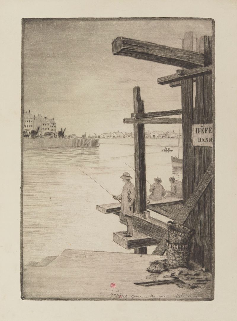 Echafaudages dans la cale au Pollet, Dieppe etching by Henri-Charles Guérard depicting scaffolding in a landscape.