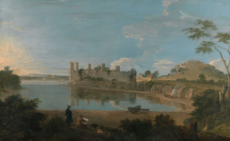 Caernarfon Castle by Richard Wilson, oil on canvas, features imposing towers and a historical landscape.