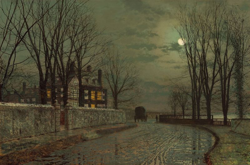 Paisaje al atardecer con faroles de gas y adoquines mojados, óleo sobre lienzo de John Atkinson Grimshaw