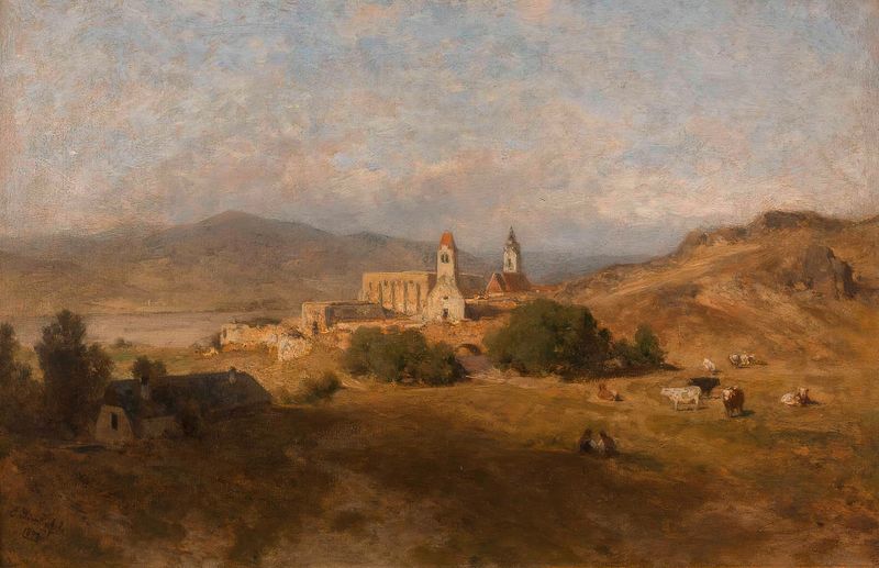 Dürnstein de Eduard Peithner von Lichtenfels, óleo de una fortaleza y un río.