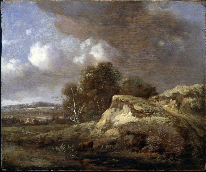 Paisaje con vaca bebiendo de Jan Wijnants, pintura al óleo que muestra un arroyo y la naturaleza.