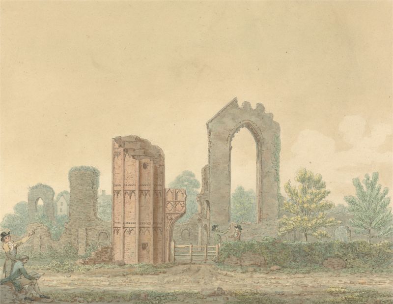 Leiston Abbey, oil on canvas by Isaac Johnson, featuring ruins surrounded by lush greenery.