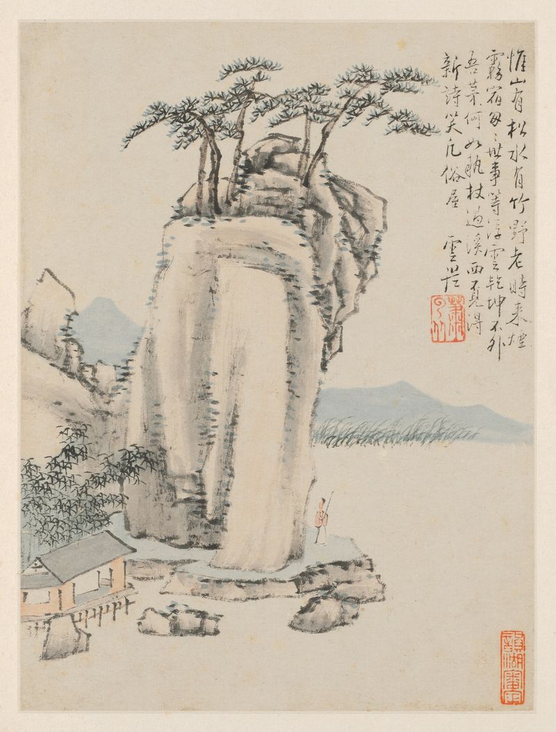 Album of Seasonal Landscapes by Xiao Yuncong, ink on paper, depicting tranquil autumn landscape.