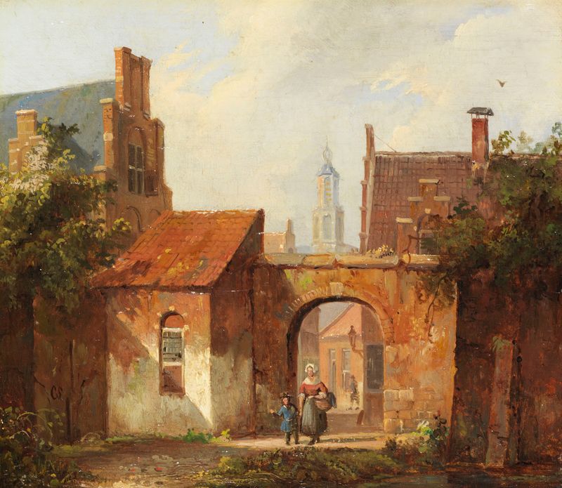 Holländisches Städtchen mit Torbogen, oil on canvas by Cornelis Springer
