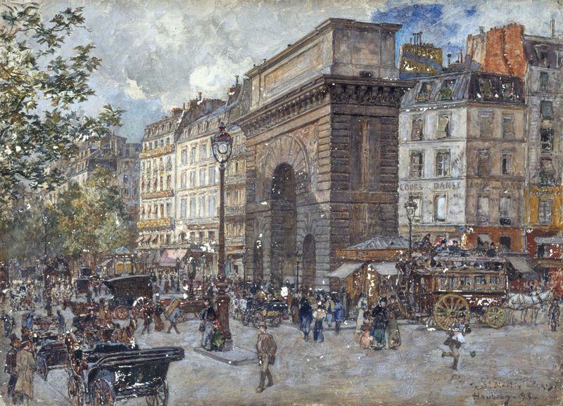 La porte Saint-Martin de Frédéric Houbron, retratando uma multidão movimentada sob um arco, pintura a óleo