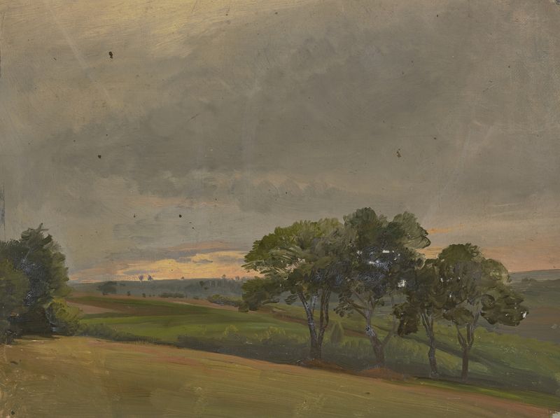 Romantic landscape with trees and evening light by Jakob Becker