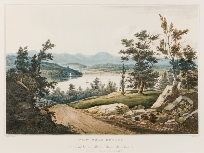 View Near Hudson, oil painting by William Guy Wall, depicting a tranquil river landscape with sunlight and foliage.