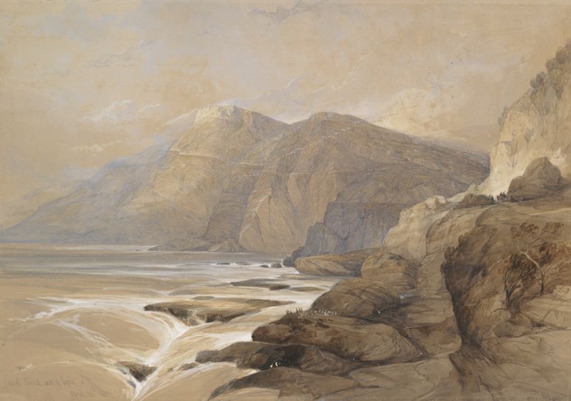 Ras-El-Abiad, Costa da Síria de David Roberts, óleo sobre tela que retrata penhascos e um céu vibrante