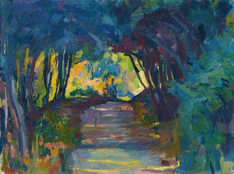 Landscape with a winding path leading to the horizon, by Giovanni Giacometti, oil painting.