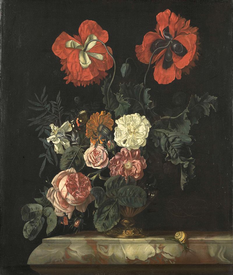 Still Life with Flowers, óleo sobre tela de Nicolaes Lachtropius, apresentando um vibrante buquê em um vaso de vidro.
