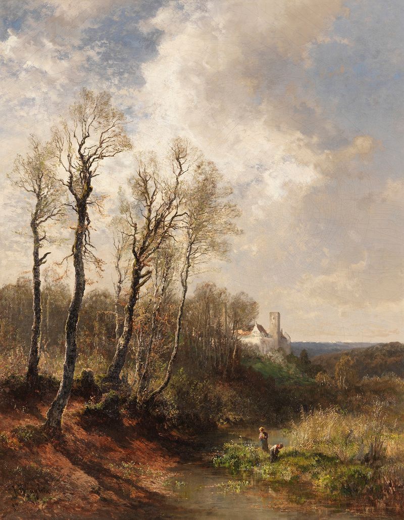 Children playing by the Isar River in an oil painting by Josef Wenglein
