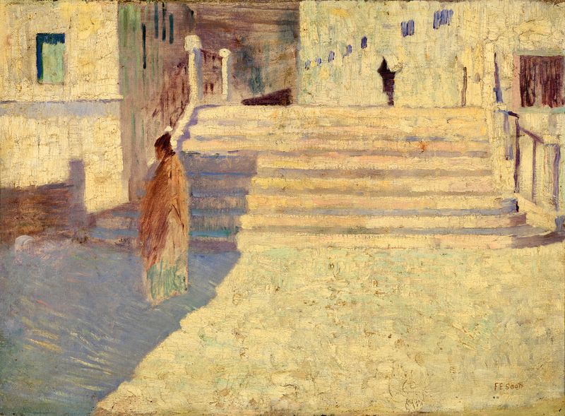 Trabalho figurativo de Frank Edwin Scott, explorando luz e sombra em um momento de introspecção.