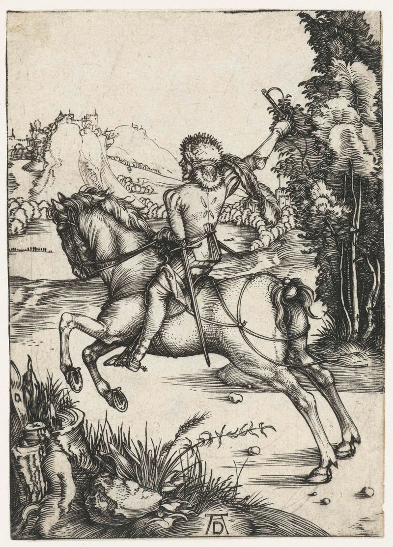 Engraving by Albrecht Dürer depicting a horse and rider in motion.